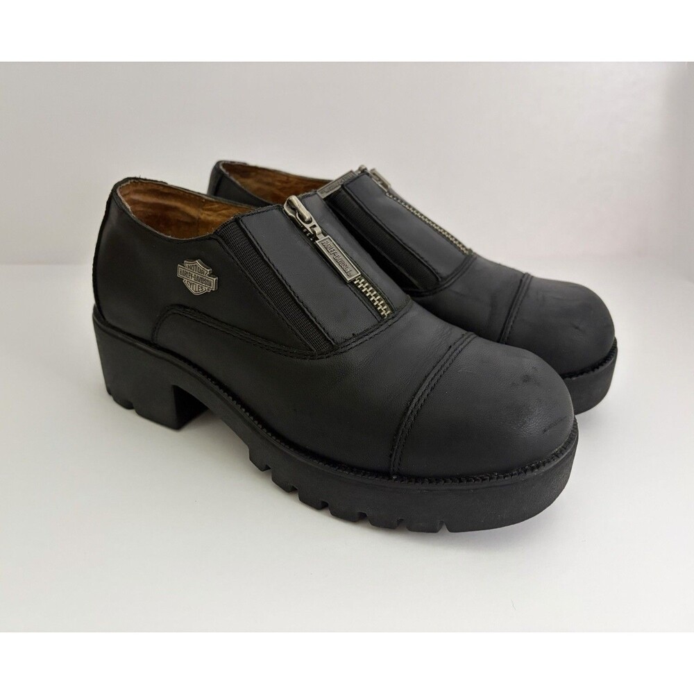 Vtg Harley Davidson Alternator Black Leather Zip Chunky Platform Oxfords Shoes